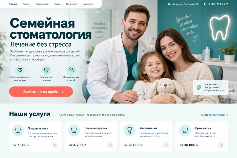 Концепт лендинга семейной стоматологии с врачом, услугами и записью на приём
