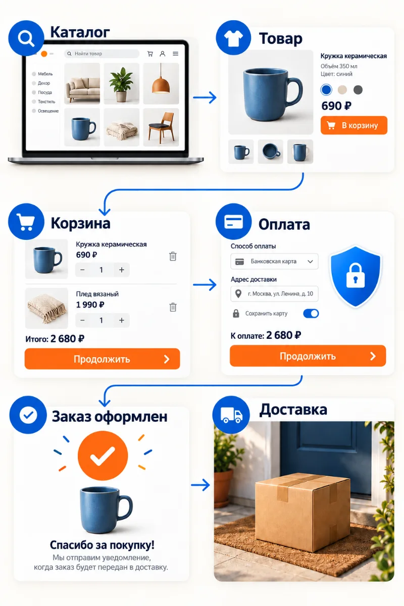 Схема интернет-магазина: каталог, товар, корзина, оплата, подтверждение и доставка