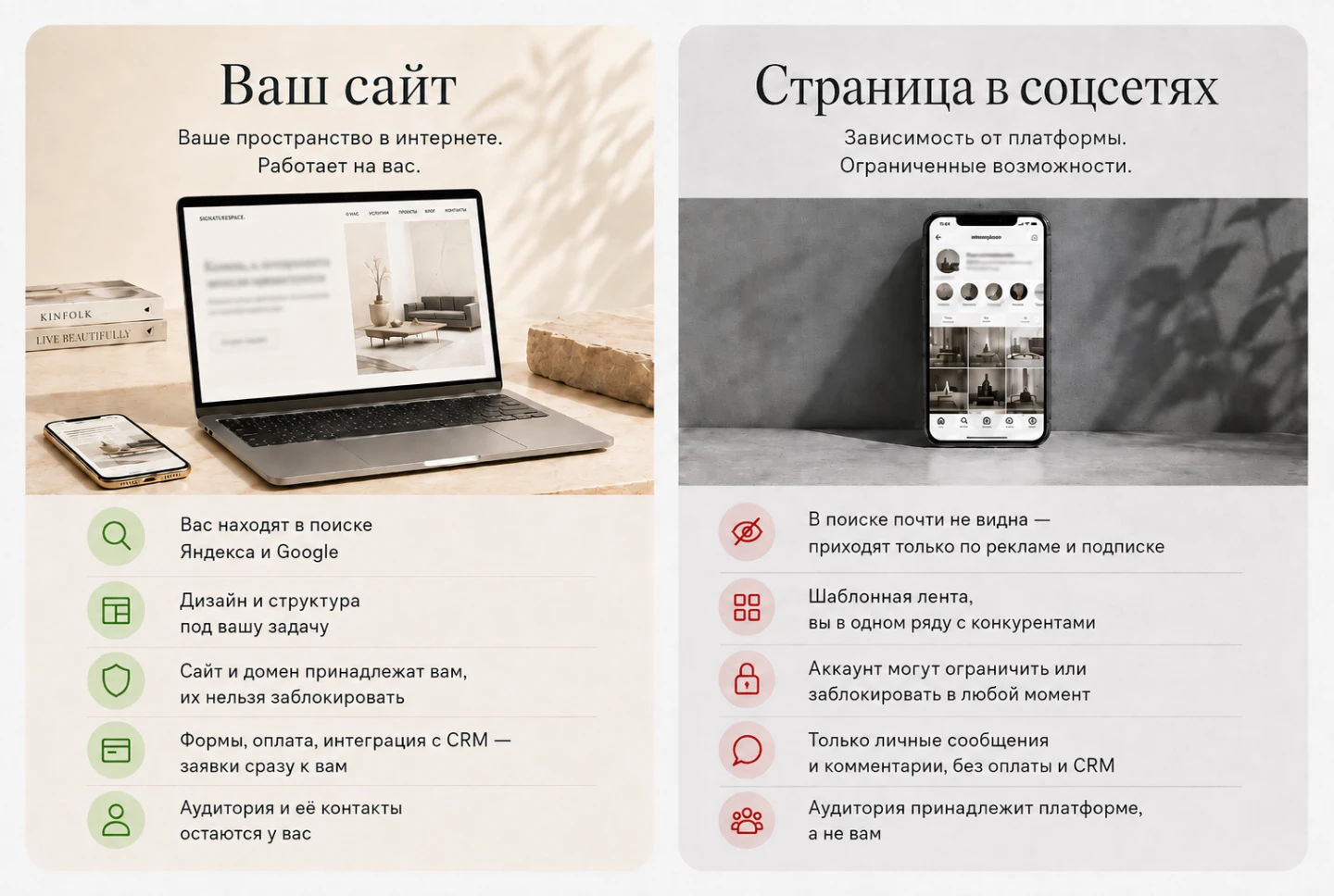 Сравнение: свой сайт против страницы в соцсетях. Свой сайт — ваше пространство в интернете, работает на вас: вас находят в поиске Яндекса и Google, дизайн и структура под вашу задачу, сайт и домен принадлежат вам и их нельзя заблокировать, формы, оплата и интеграция с CRM приводят заявки сразу к вам, аудитория и её контакты остаются у вас. Страница в соцсетях — зависимость от платформы и ограниченные возможности: в поиске почти не видна, приходят только по рекламе и подписке; шаблонная лента, вы в одном ряду с конкурентами; аккаунт могут ограничить или заблокировать в любой момент; только личные сообщения и комментарии, без оплаты и CRM; аудитория принадлежит платформе, а не вам.